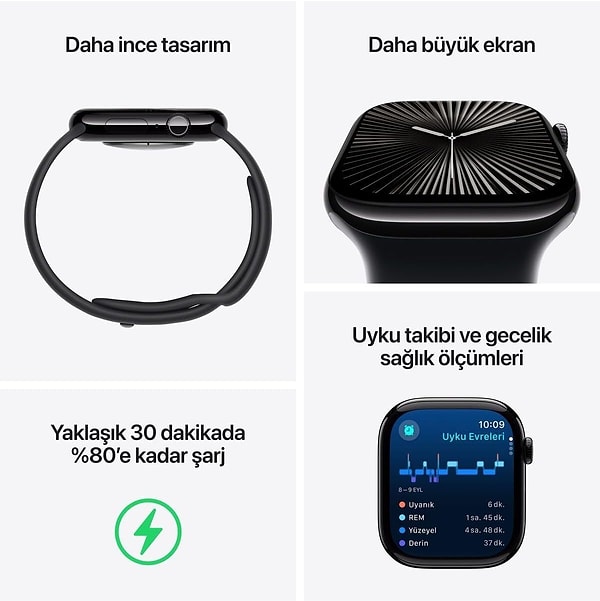 Apple Watch Series 10 GPS, ister yürüyüşte ister toplantıda ister doğada keşifte ol, günlük hayatının temposuna ayak uyduran, seni sağlıklı tutan, sana yol gösteren bir yaşam yardımcısı. Sağlığın, iletişimin, güvenliğin ve tarzın tek bir yerde birleşiyor.
